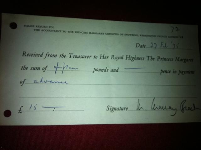 Daiktas Princess Margaret payment cheque